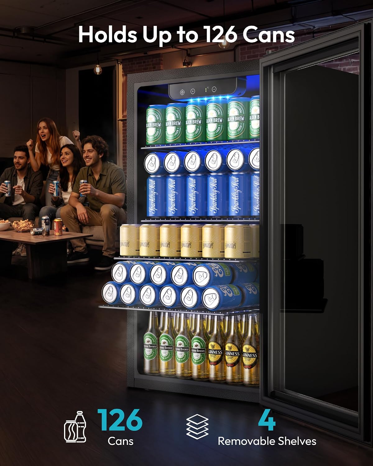 EUHOMY 93L Drinks Fridge, 126 Can Beer Fridge with Glass Door, Wine fridge with Adjustable Shelves for Soda Beer or Wine, Home/Bar/Office, Black, Steel, One-Touch Control [Energy Class F]
