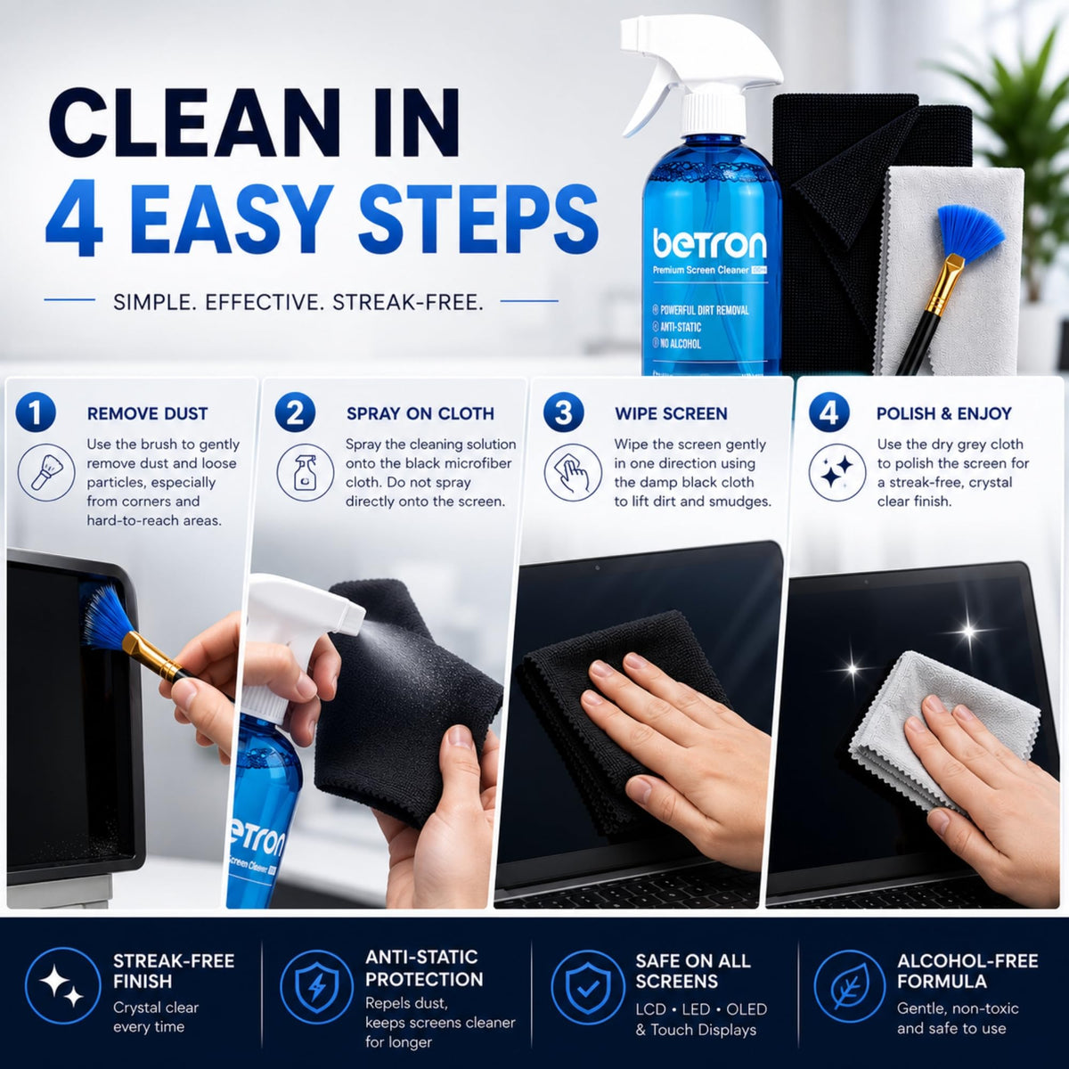 Betron Screen Cleaner Spray Kit with Cloth for TV, Laptop, Monitor, 200ml