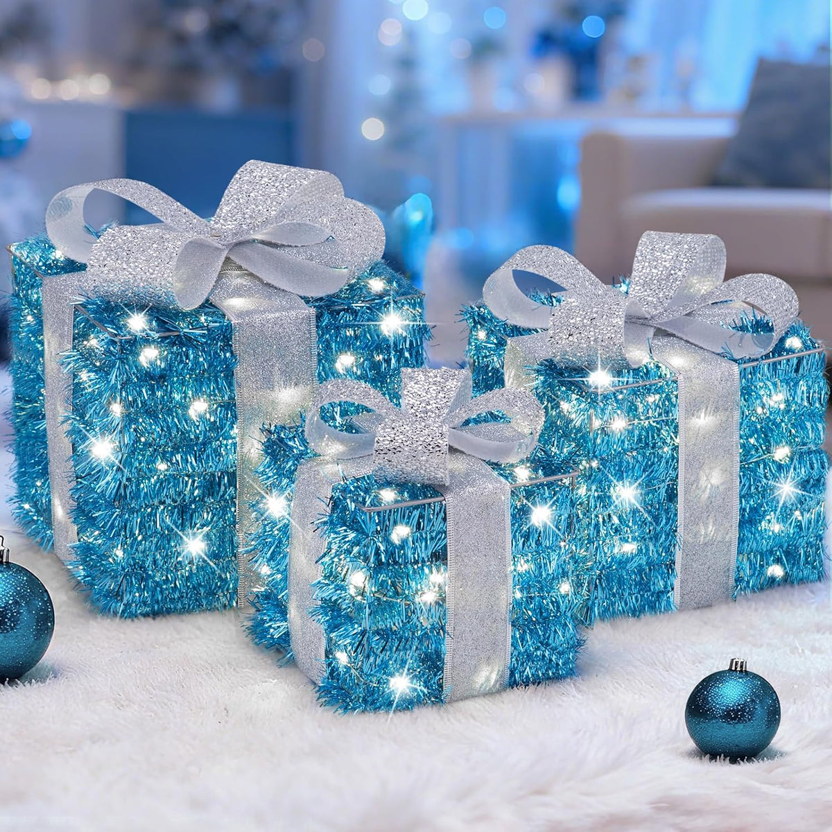 Set of 3 Blue Lighted Boxes, Silver Bows, Christmas Decor Indoor/Outdoor