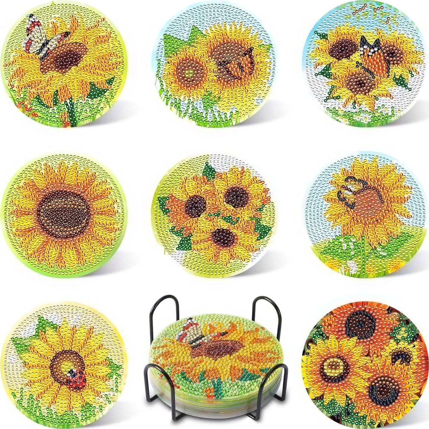 8 Pcs Flowers Diamond Art Coasters Kits for Adults Begainners,Full Drill Diamond Painting Coasters Kit with Holder,DIY Gem Painting Craft Kits for Adults Supplies Gift (Flowers).