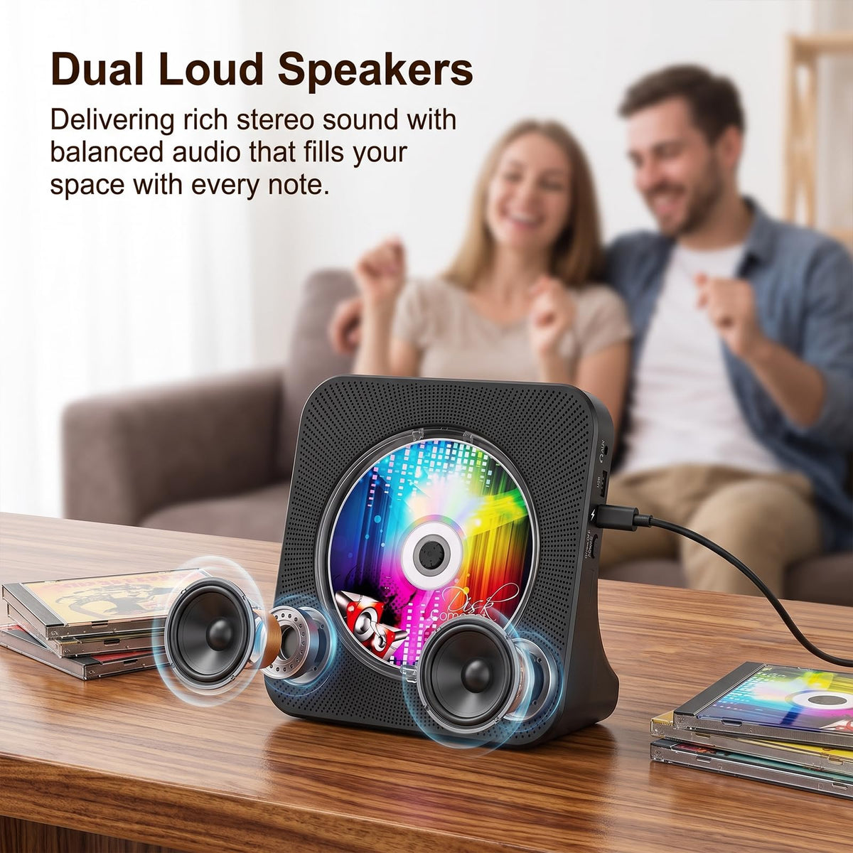 Portable CD Player with Bluetooth, Gueray Desktop CD Players for Home, Bulit-in Double HiFi Speakers, AUX&Headphone Jack, FM Radio Boombox with Remote Control, USB Port,LCD Display (Blue)