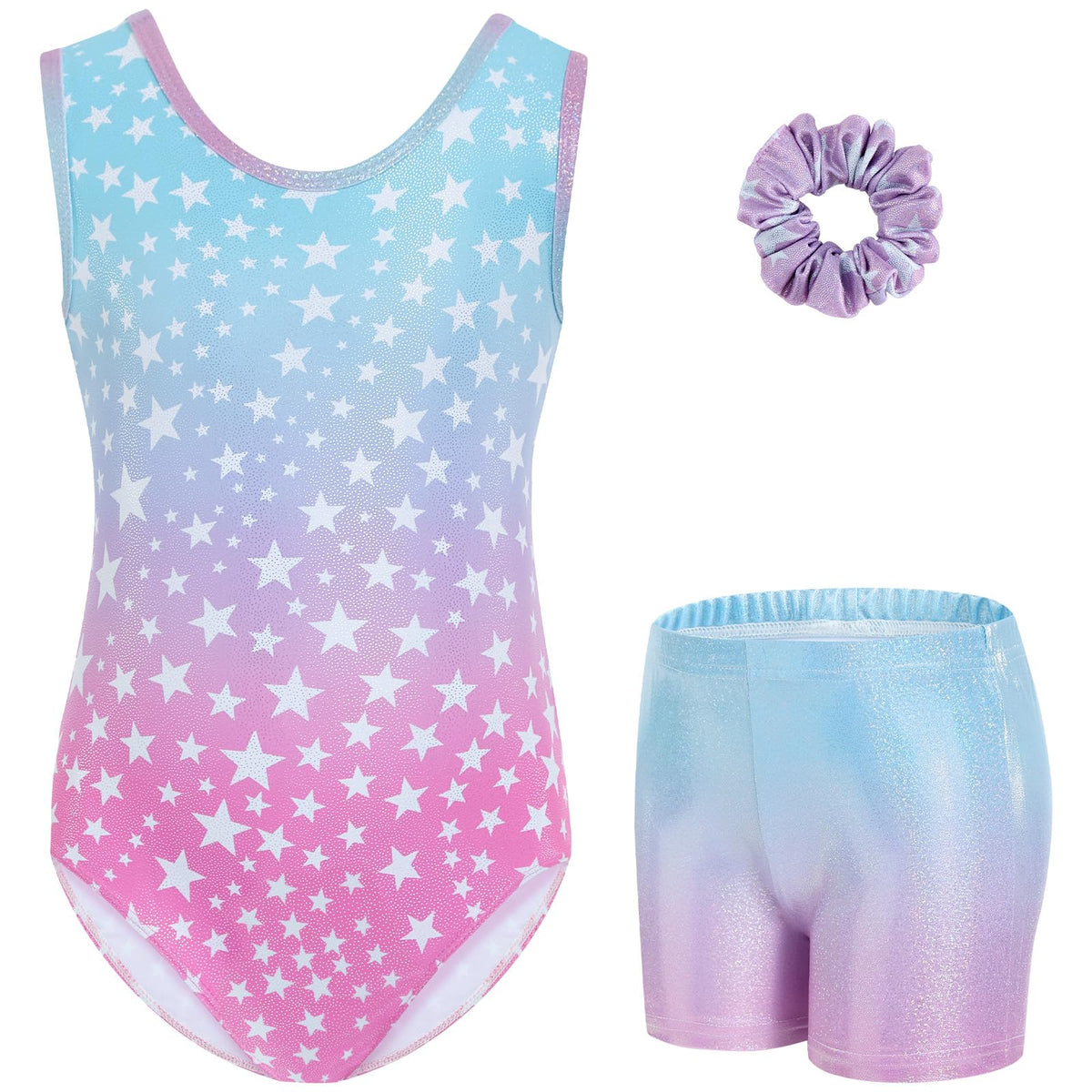 Gogokids Girls' Three-Piece Gymnastics Set, Sleeveless Leotards with Shorts and Hairband, Sparkling Ballet Dancing Unitards - Gymnastics Outfit with Gradient Color Design for 3-12 Years