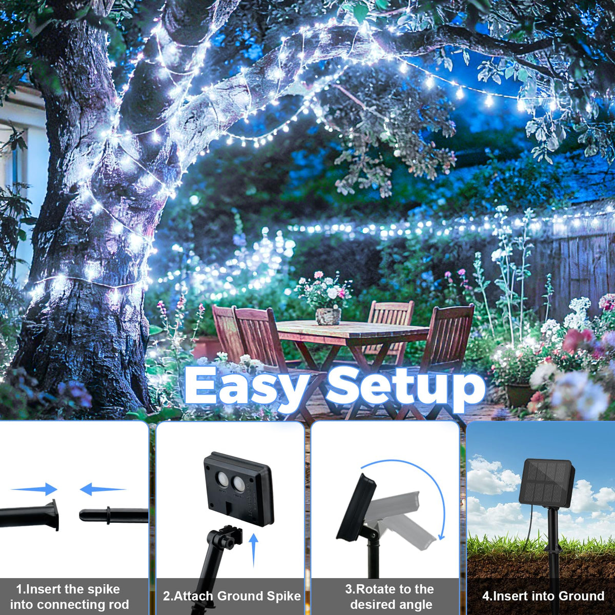 Outdoor Solar Lights Garden, 12M/40FT 120 LED Solar String Lights Waterproof, 8 Modes Solar Powered Fairy Lights for Tree Patio Yard Party Garden Terrace Decorations Warm White