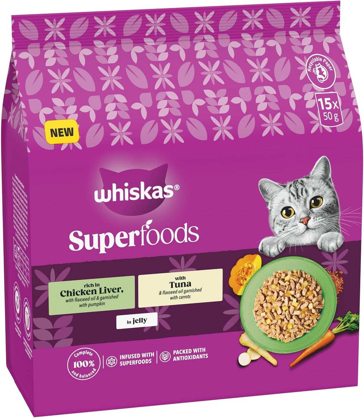 WHISKAS SUPERFOODS Adult Wet Cat Food in Jelly 15x50g Mixed