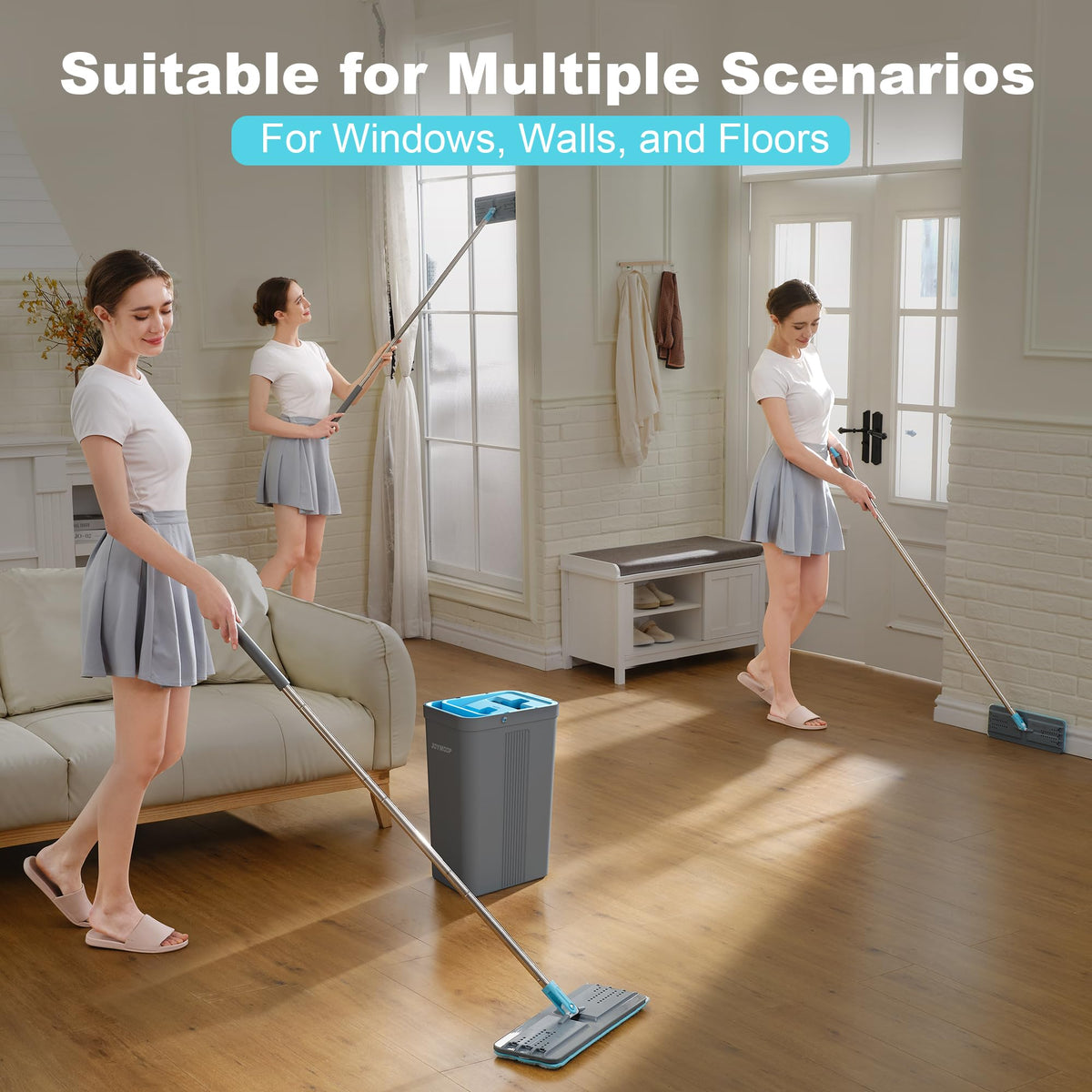JOYMOOP Mop and Bucket with Wringer Set, Hands Free Flat Floor Mop and Bucket, with 3 Washable Microfiber Pads, Wet and Dry Use, Floor Cleaning System