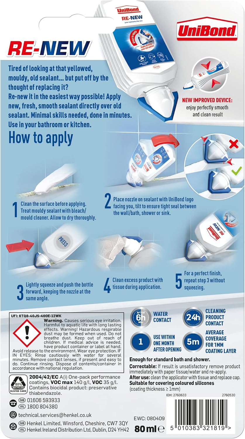 UniBond Re-New, White Silicone Sealant Renewal, Kitchen & Bath, 1 x 80 ml