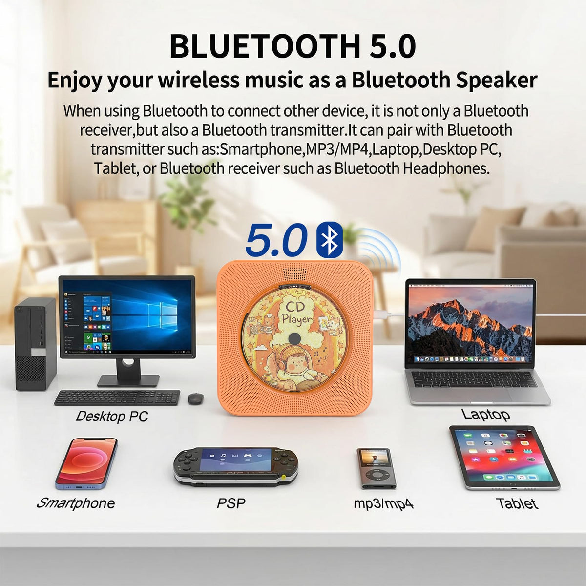 Portable CD Player with Bluetooth, Gueray Desktop CD Players for Home, Bulit-in Double HiFi Speakers, AUX&Headphone Jack, FM Radio Boombox with Remote Control, USB Port,LCD Display (Blue)