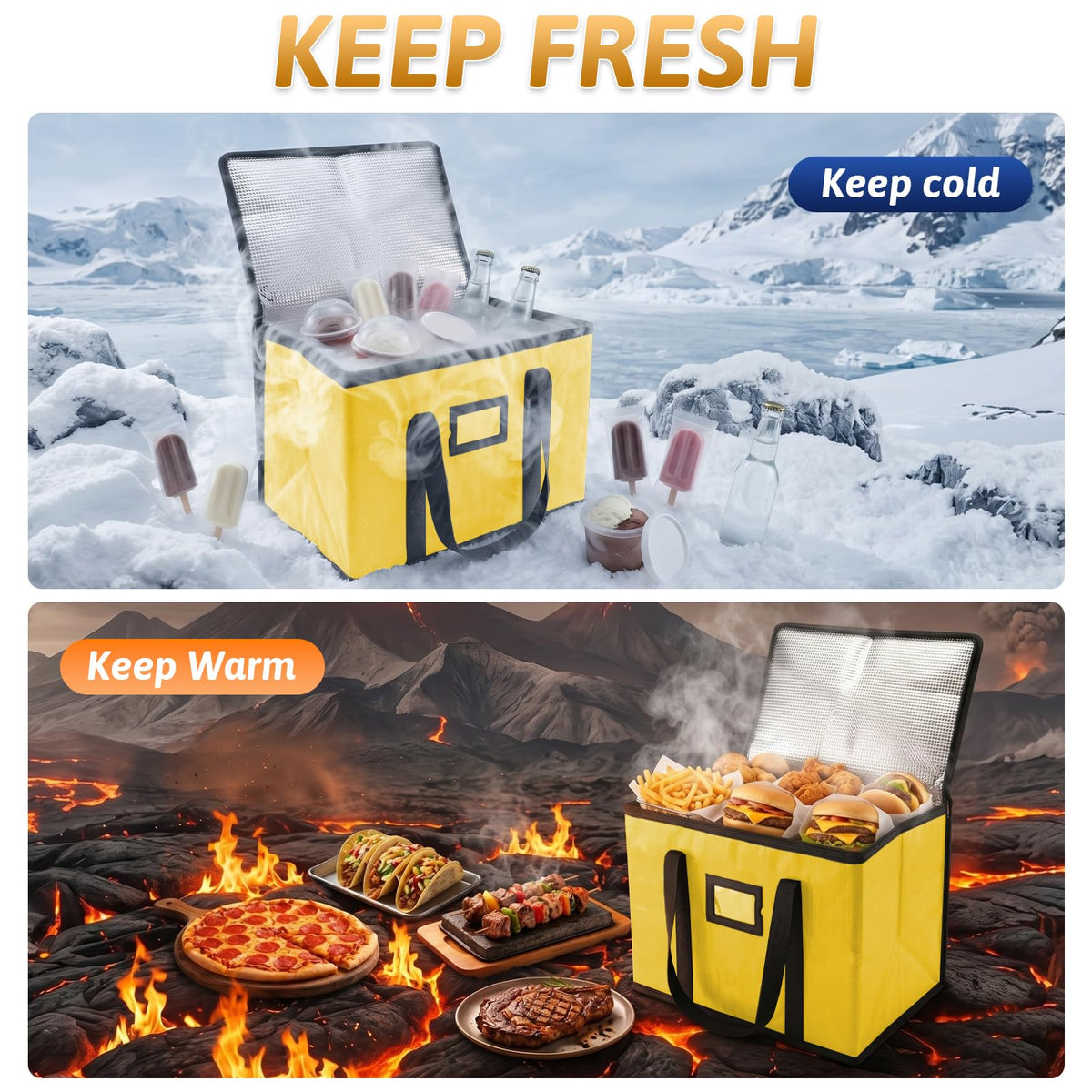 40L Insulated Thermal Food Delivery Bag for Hot & Cold Meals, Large Foldable Cooler with Insulation for Picnic, Camping, Lunch & Outdoor Use (Black)