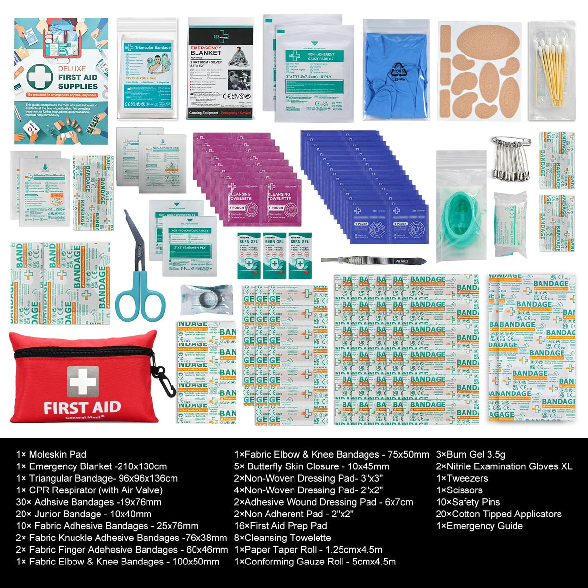 General Medi Mini First Aid Kit, 92 Pieces Small First Aid Kit - Includes Emergency Foil Blanket, Scissors for Travel, Home, Office, Vehicle, Camping, Workplace & Outdoor (Red)