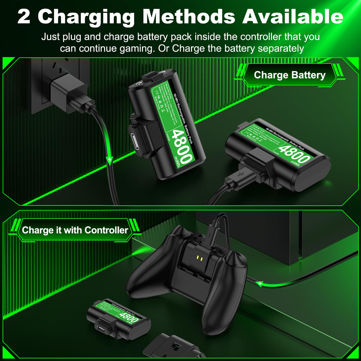 Rechargeable Battery Pack for Xbox Controller, Battery Pack with 2×4800mWh/LED Indicator/12 Hours Playtime,Play and Charge Kit for X-box One/S/X/Elite, Xbox Series S/X Interactive Gaming Figures