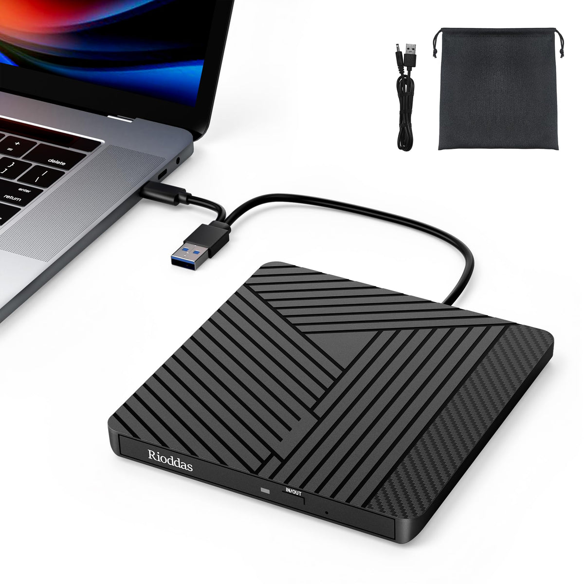 Rioddas External CD Drive, USB 3.0 Portable CD/DVD +/-RW Drive Slim DVD/CD ROM Rewriter Burner for Laptop Desktop PC Windows and Linux OS Apple Mac Macbook Pro