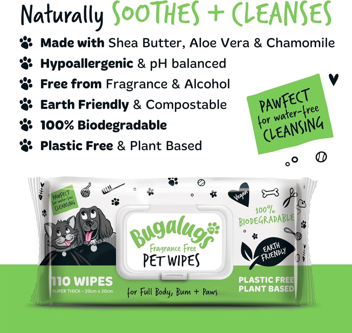 BUGALUGS Dog Wipes, 100% Plastic Free Biodegradable pet wipes for full body, eye wipes, ear wipes, bum & paws. 110 sensitive dog grooming wipes for dogs, puppy & cat grooming (Fragrance Free)