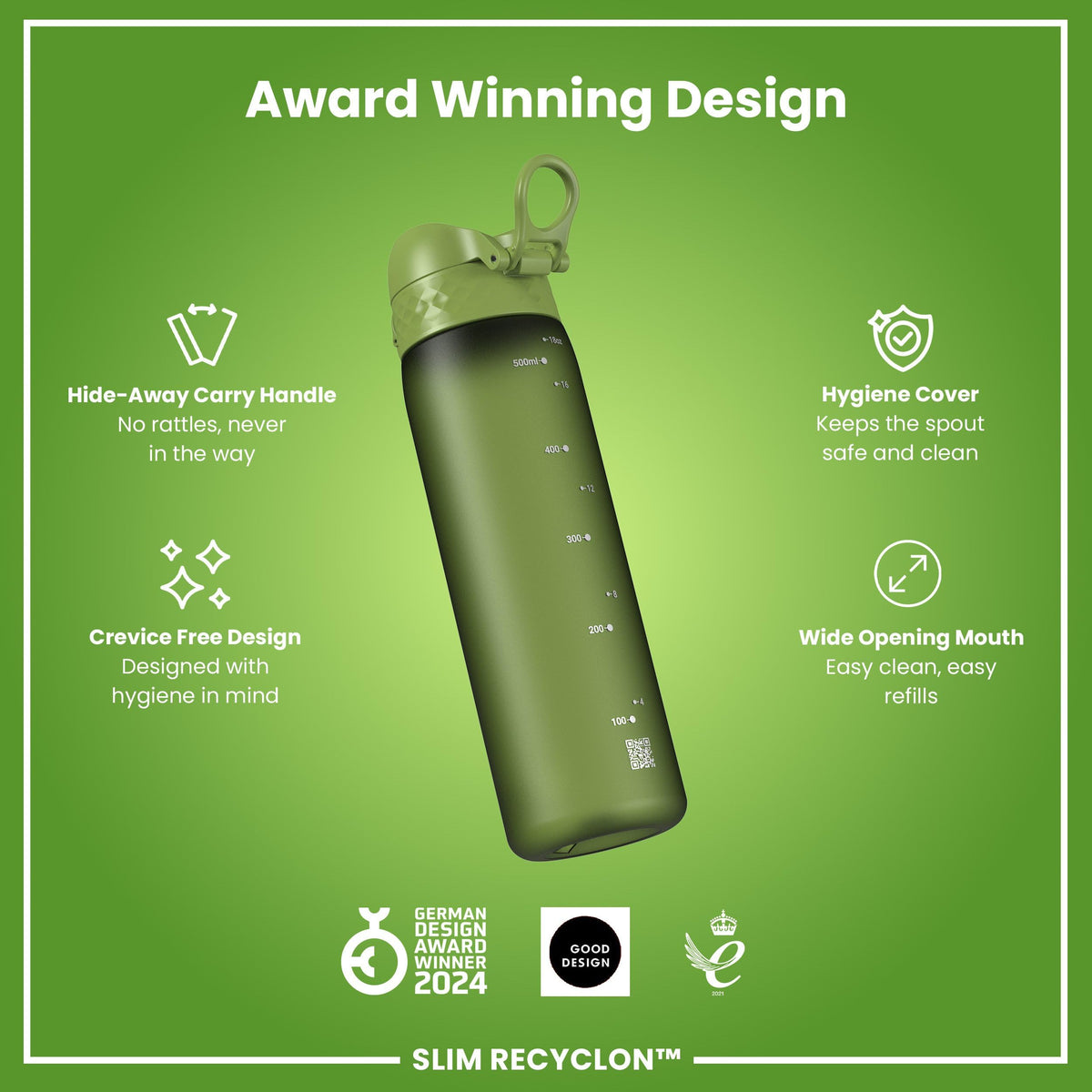 Ion8 Water Bottle, 500 ml/18 oz, Leak Proof, Easy to Open, Secure Lock, Dishwasher Safe, Hygienic Flip Cover, Carry Handle, Fits Cup Holders, Easy Clean, Hot Pink