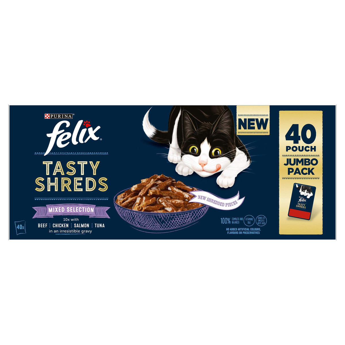 FELIX Tasty Shreds Adult Wet Cat Food Mixed Selection in Gravy Chicken, Beef, Tuna, Salmon 40 x 80g Pouches