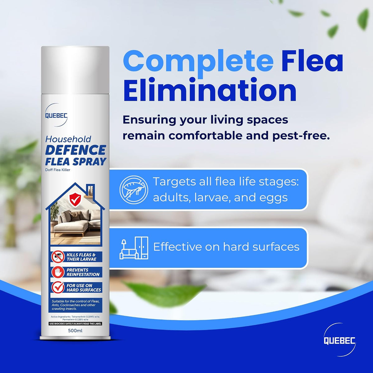Quebec Household Flea Spray for the Home 500ml, Pack of 3