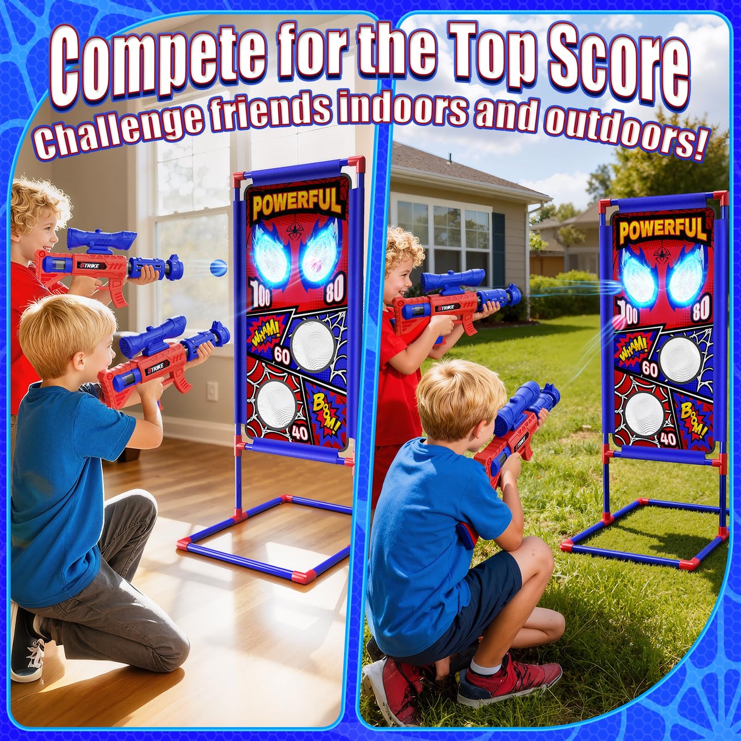 Toy from 3-12 years boy, shooting games with 2 air gun guns with visor, 4 point zones, 24 foam balls, outdoor garden games, gift boy 4 5 6 7 8 9 10 years birthday Easter gifts children