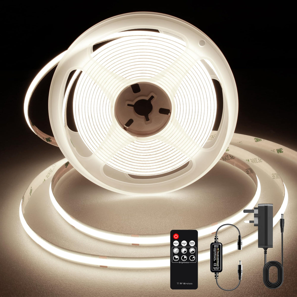TTWAY COB LED Strip Lights 2700K, Dimmable LED Strip Kit, Super Bright 24V LED Tape Lights CRI90+ with RF Remote and UKCA Power Supply for DIY Home Decoration, 5M, 2400LEDs, Warm White.