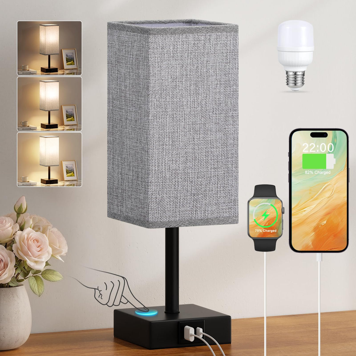 Pink Touch Lamp, Bed Lamp with Dual USB Charging Ports, Pink-Base (Bulb Included)