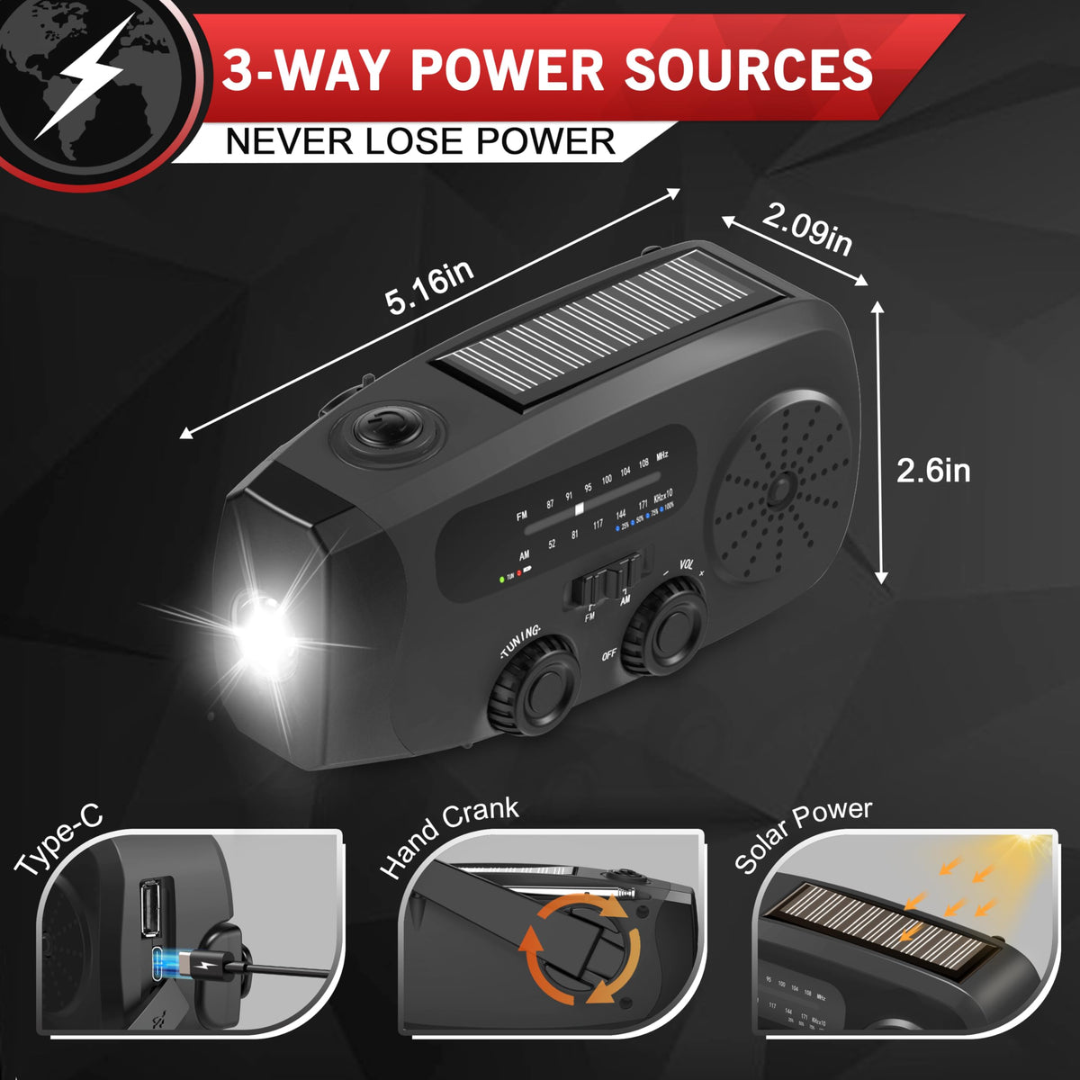 Wind Up Solar Radio, 7400mWh (2000mAh) Solar Powered Radio Emergency Hand Crank Radio with 3 Built-in Cables, Battery Operated, SOS Alarm & Flashlight, Emergency wind up torch for Hurricane, Emergency