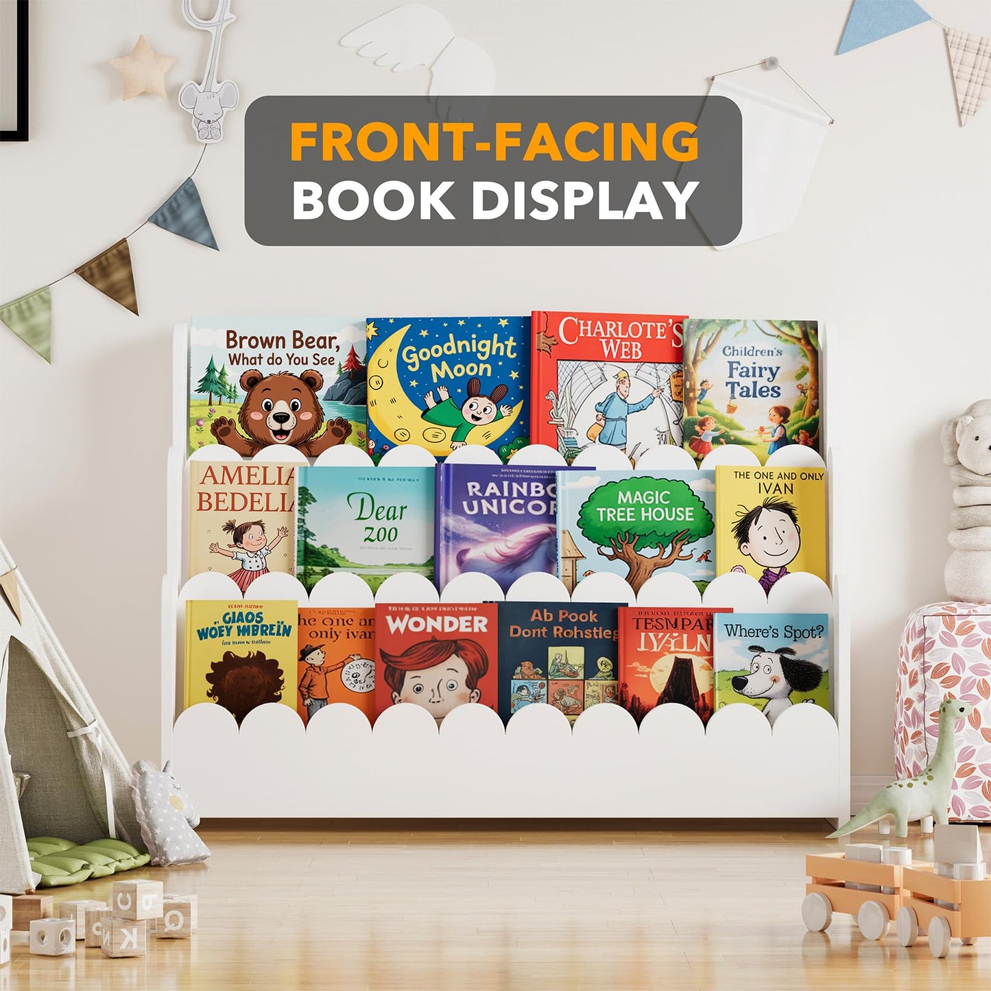 SpaceAid 3-Tier Scalloped Bookshelf, Montessori Bookcase for Toddlers, Wooden Book Shelf Organizer Display Furniture for Kids Rooms, Playroom, Nursery and Classroom, Natural