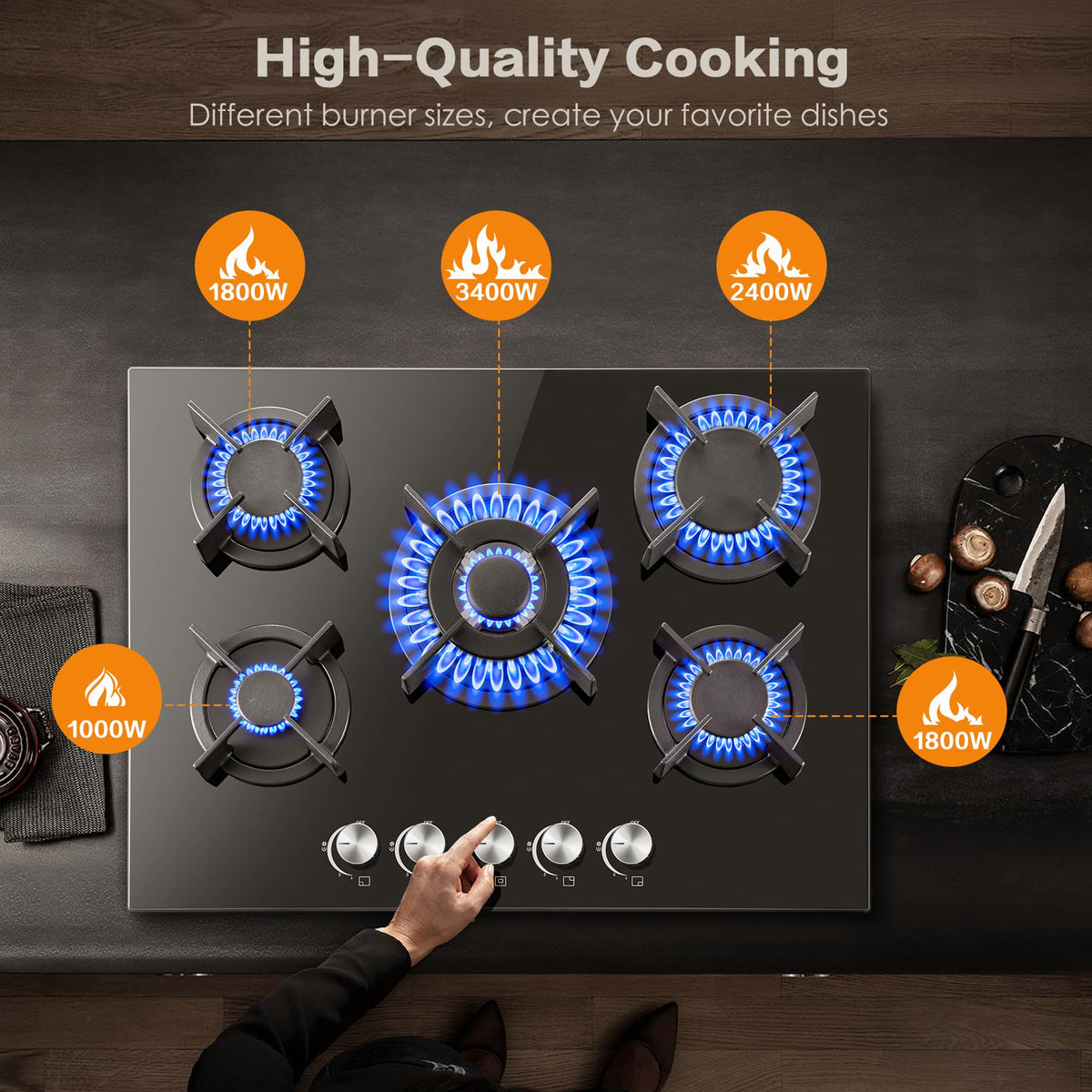 SNDOAS Gas Hob 4 Burners, NG/LPG Convertible, Built-in Black Glass Gas Hob with Wok Burner, Flame Failure Protection, 8000W, YYUKGCT-B04