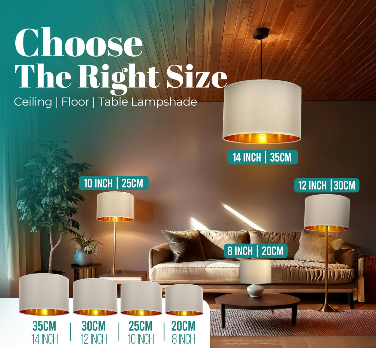 GIGGI Fabric Lamp Shades with Golden Inner Light Shade Ceiling – Modern Lampshades for Ceiling Lights, Lamp Shades for Table Lamps, Floor Lamps, Living Room, Bedroom, Home Décor (Green, 12")