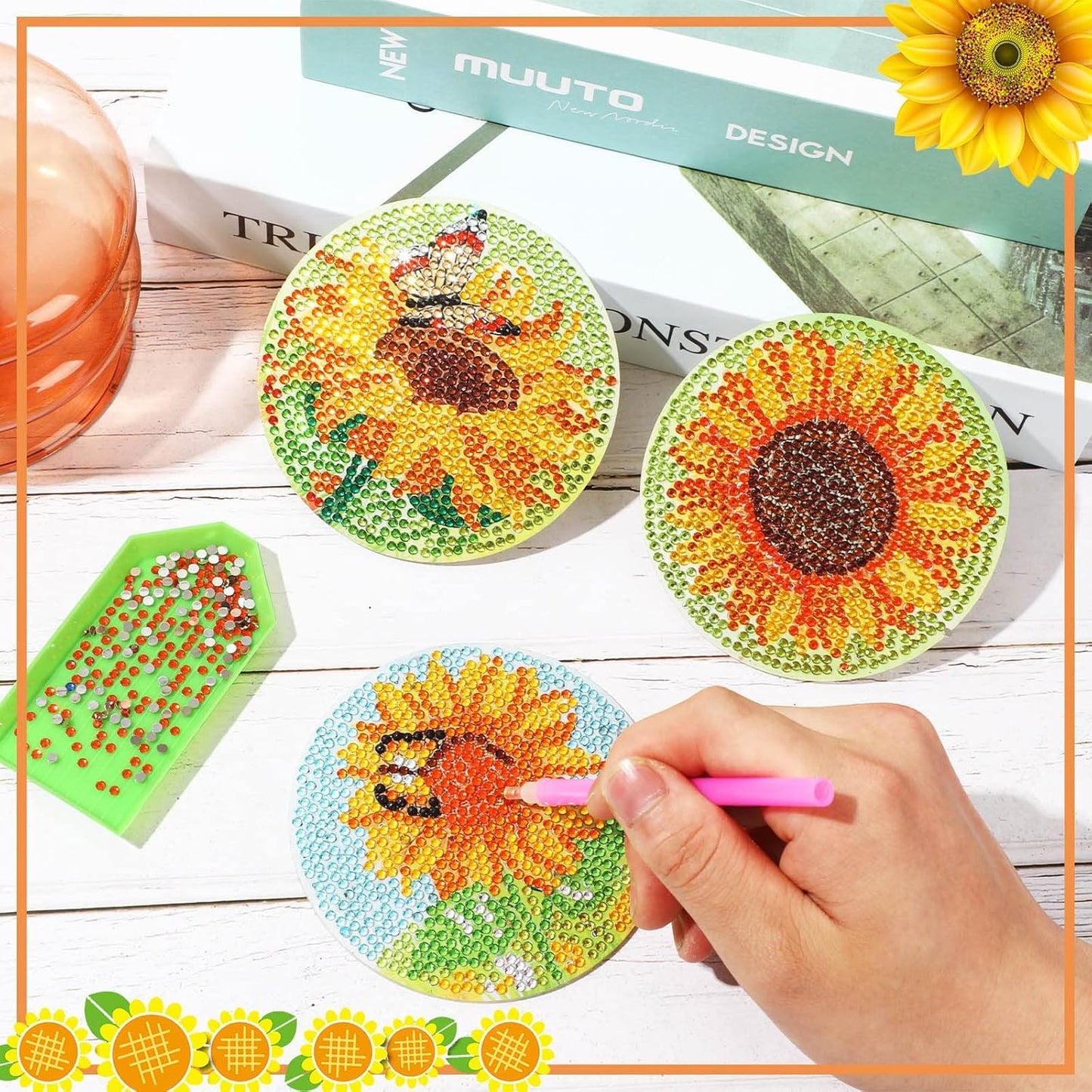 8 Pcs Flowers Diamond Art Coasters Kits for Adults Begainners,Full Drill Diamond Painting Coasters Kit with Holder,DIY Gem Painting Craft Kits for Adults Supplies Gift (Flowers).