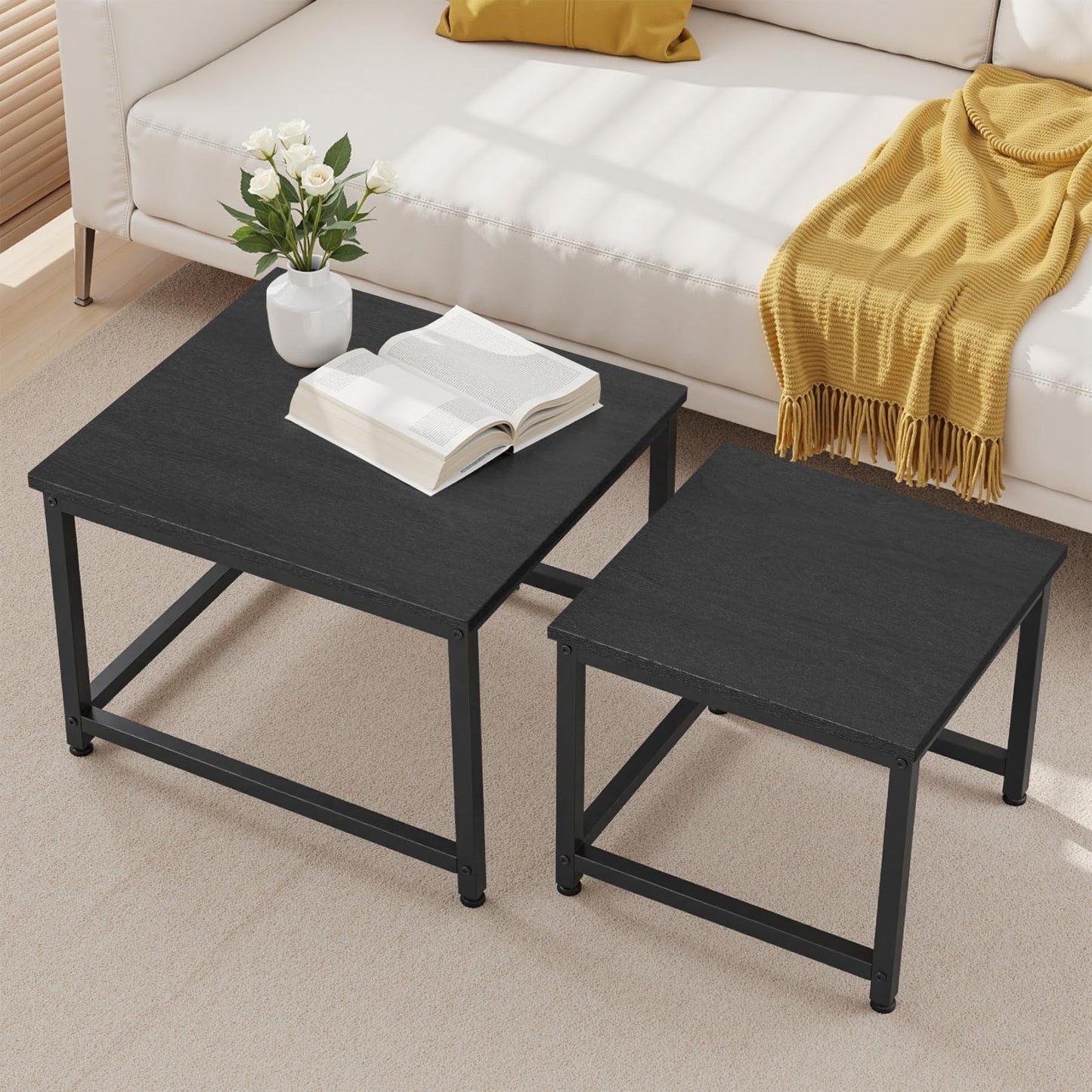 Hawthyhome Coffee Tables, Round Nesting Tables Tet of 2, Modern Side Tables with Metal Frame, Industrial Stacking End Tables for Living Room Bedroom Office, 60 * 60 * 45cm, Brown