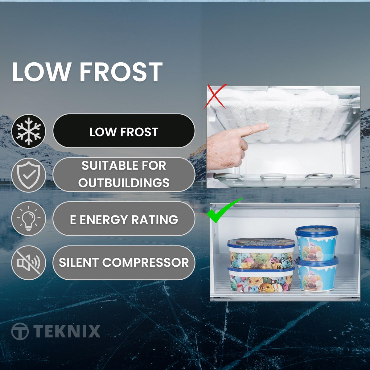 Teknix UC48F2W Freestanding Undercounter Freezer - 48cm Width / 60 Litre Capacity - Suitable for Outbuildings - 3 Large Compartments - 4 Star Freezer Rating - White