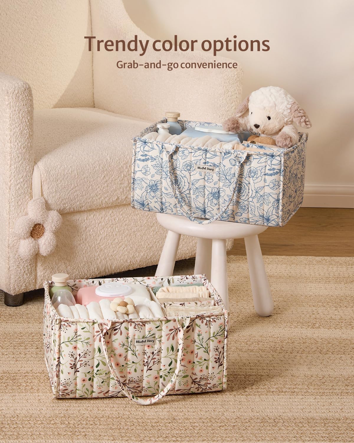 Blissful Diary Nappy Caddy Organiser, Baby Diaper Caddy for Nappy Station, Stylish Storage Basket for Newborn Essentials, Baby Shower Gifts for Girl or Boy, Woodland Cream