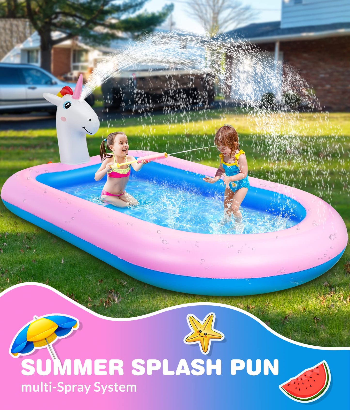 COOLJOYA Inflatable Pool | Splash Spray Paddling Pool Sprinkler Pad | Paddling Pool for Kids Toddlers | Swimming Pool Toy Gifts 68 x 41 x 18 Inch (Unicorn)