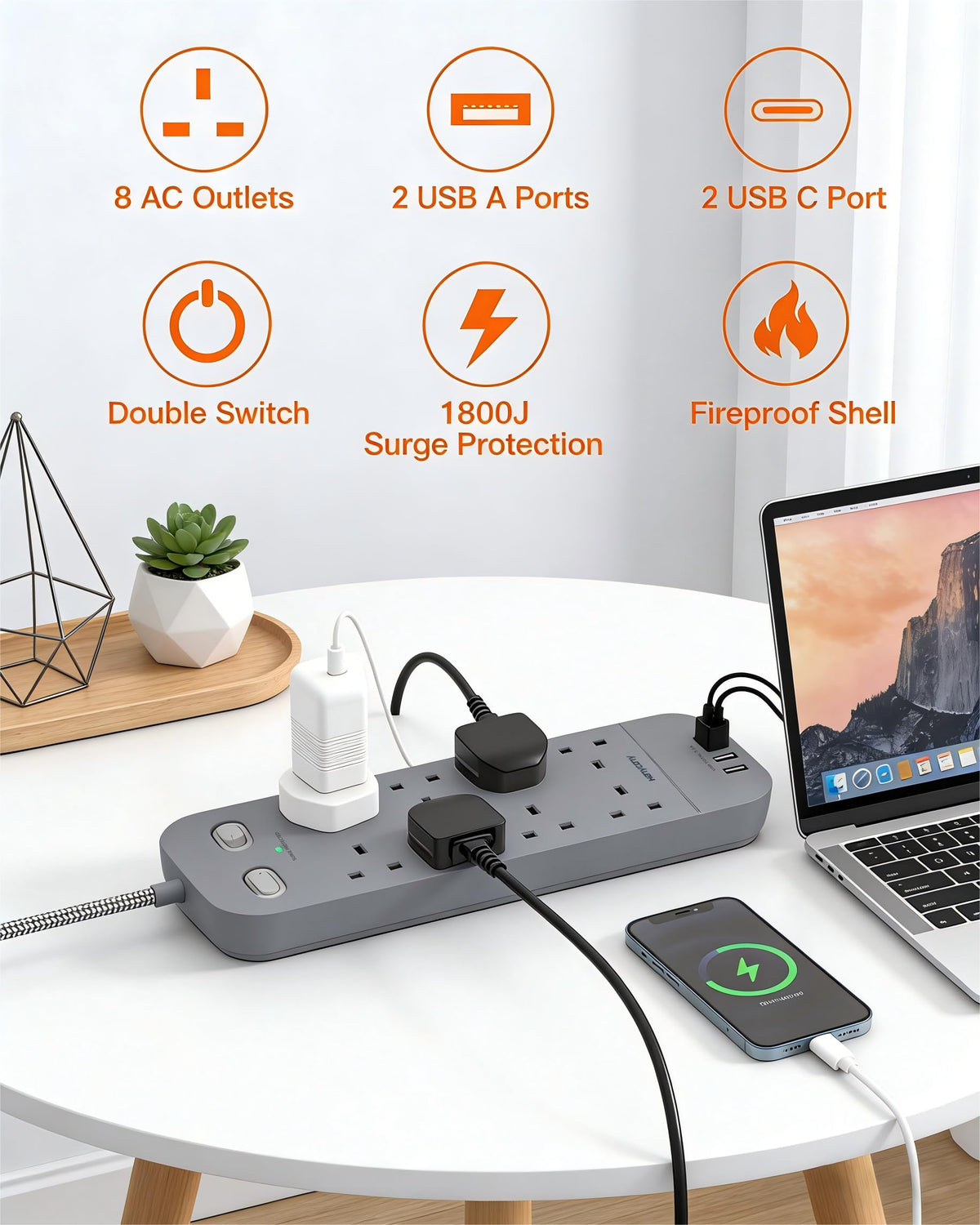 Extension Lead with 2 USB C Slots, 8 Way Power Strip Surge Protector