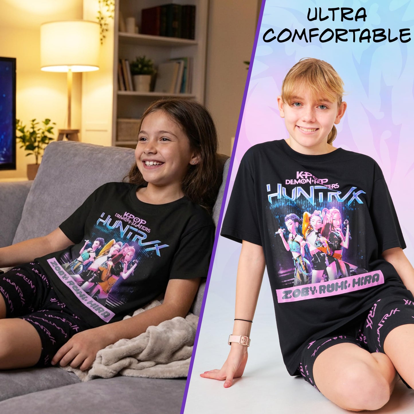 KPop Demon Hunters Official Girls Pyjama Set 5-14 Yrs, 2 Pcs Pjs Shorts & T-shirt, Huntrix Saja Boys Derpy Tiger Merch Gifts
