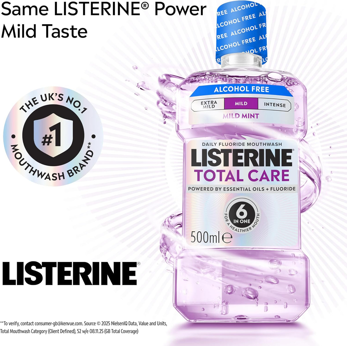 Listerine Total Care Mild Taste (Alcohol Free) Antibacterial Mouthwash (500ml), Fresh Mint Flavour with 6-in-1 Benefits, Helps Reduce Plaque and Freshens Breath