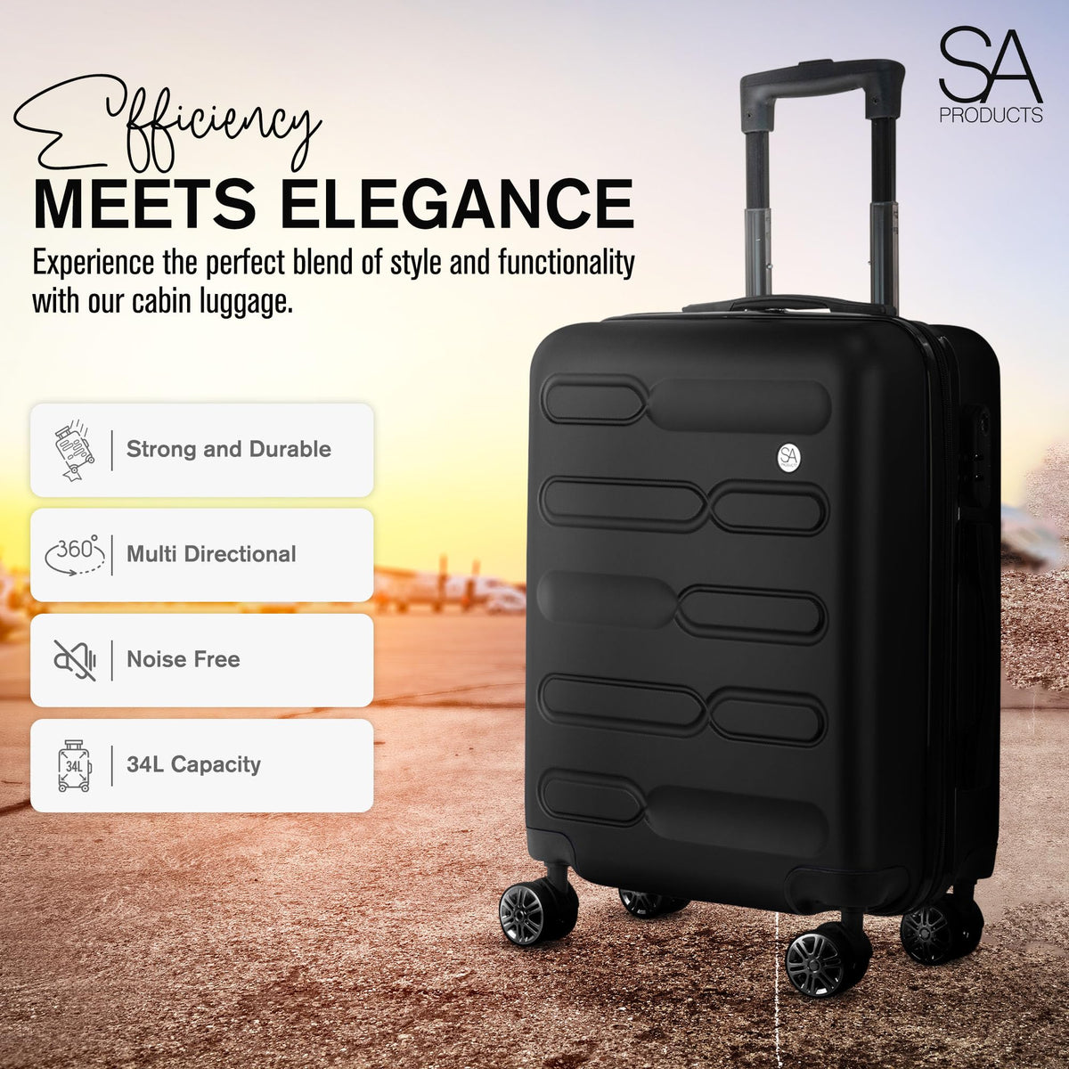 SA Products Cabin Suitcase - 34L Carry On Hard Shell Bag - 55x40x20 - Grey