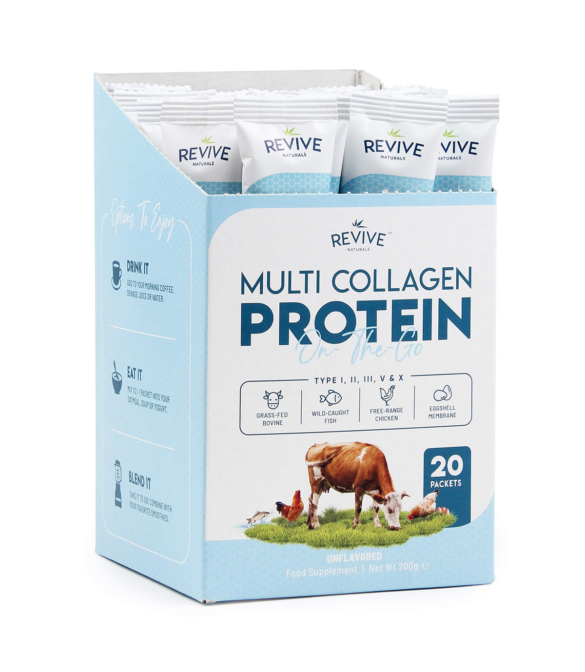 Multi Collagen Protein Powder 400g - Types I, II, III, V & X - Hydrolyzed Grass Fed Bovine, Wild Caught Fish, & Free-Range Chicken & Eggshell Collagen by Revive Naturals