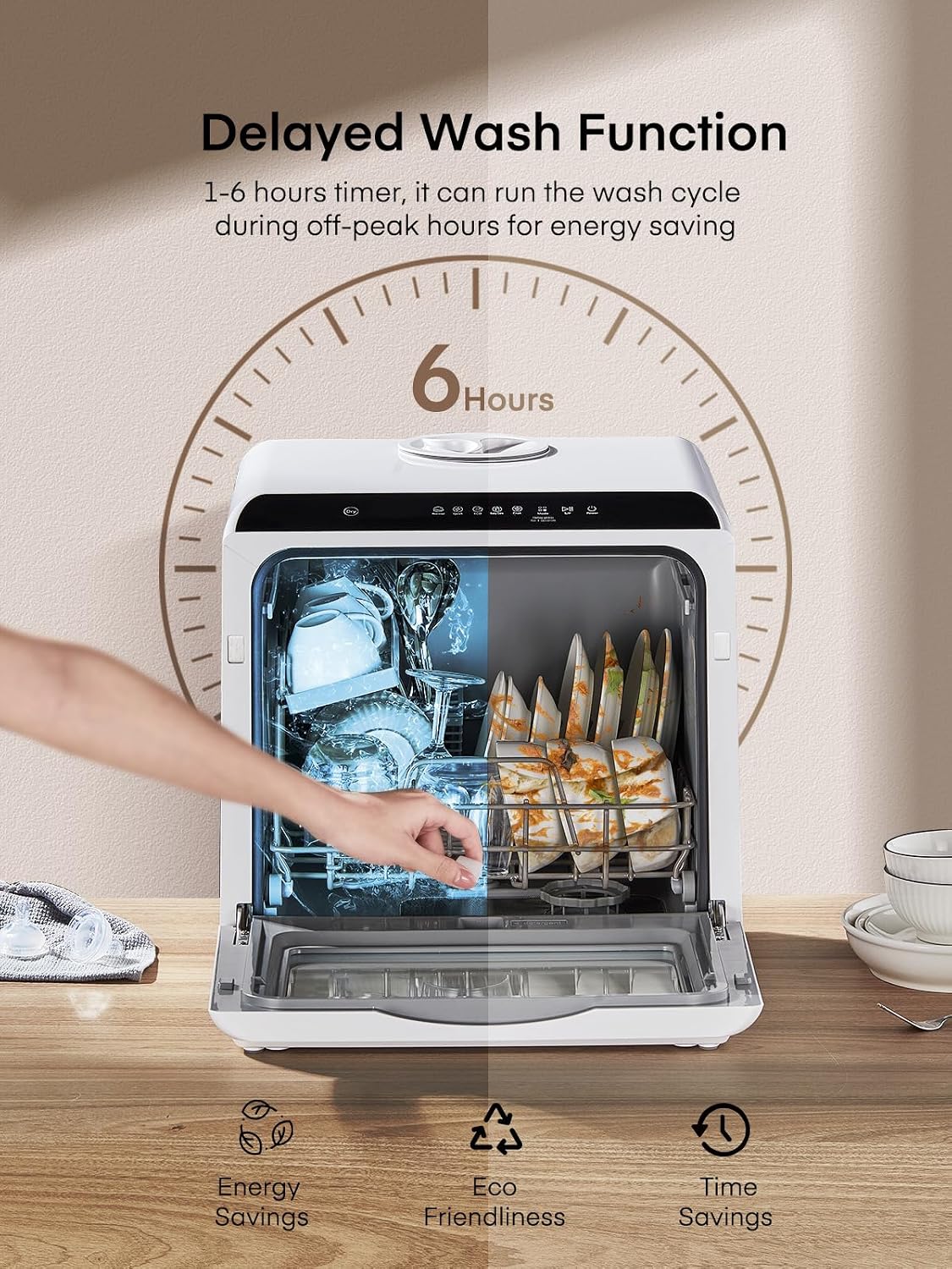 Table Top Dishwasher, Mini Countertop Dishwasher W/ 6 Programs, Delayed Start Function and Air Drying Function, and 5L Built-in Water Tank, No Installation Needed