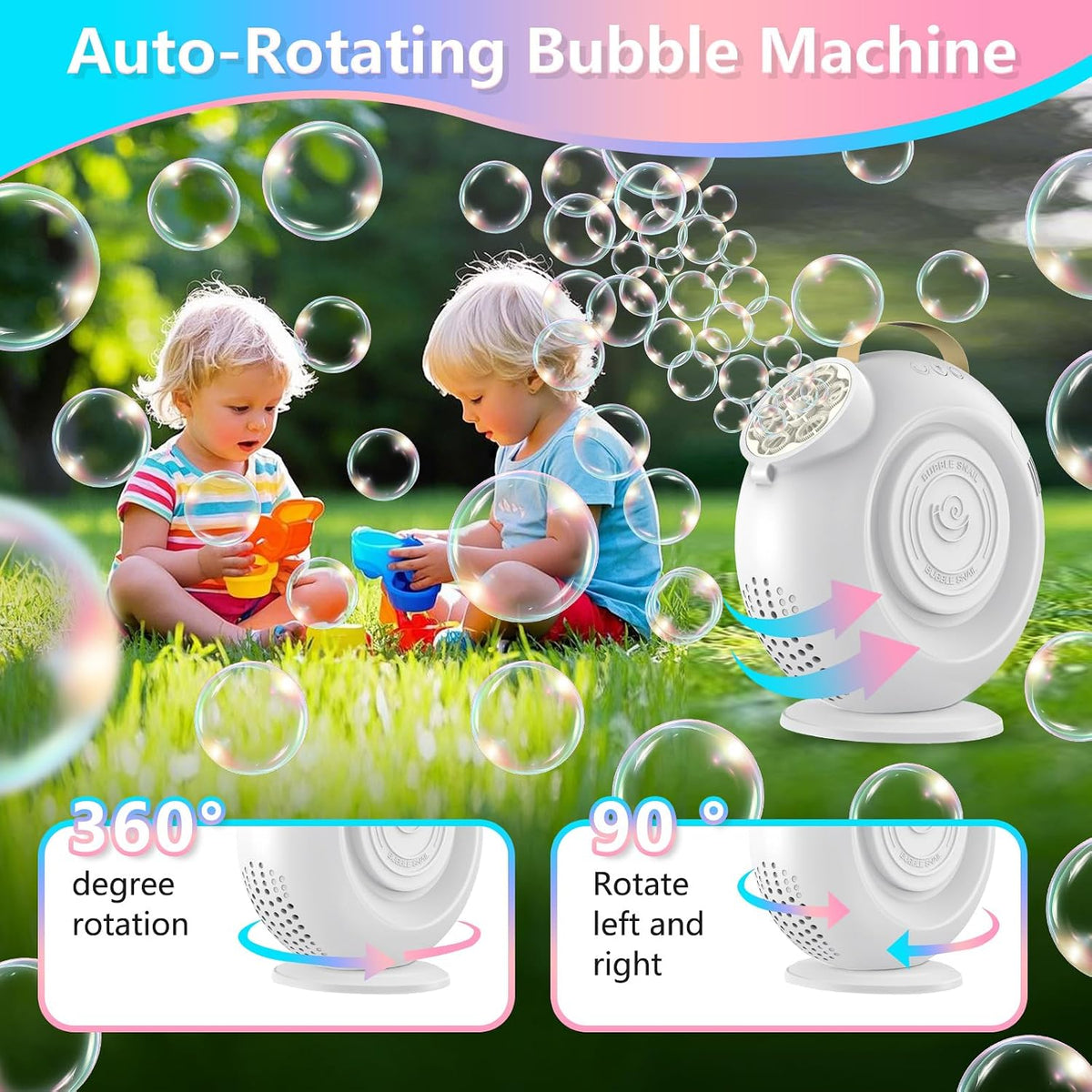 G-STORY Rechargeable Automatic Bubble Machine for Kids - 15000+ Bubbles Per Min, 90°/360° Auto Rotating & LED Light 500ML Capacity Bubble Blower with 2 Speed Modes for Outdoor Party Wedding Birthday