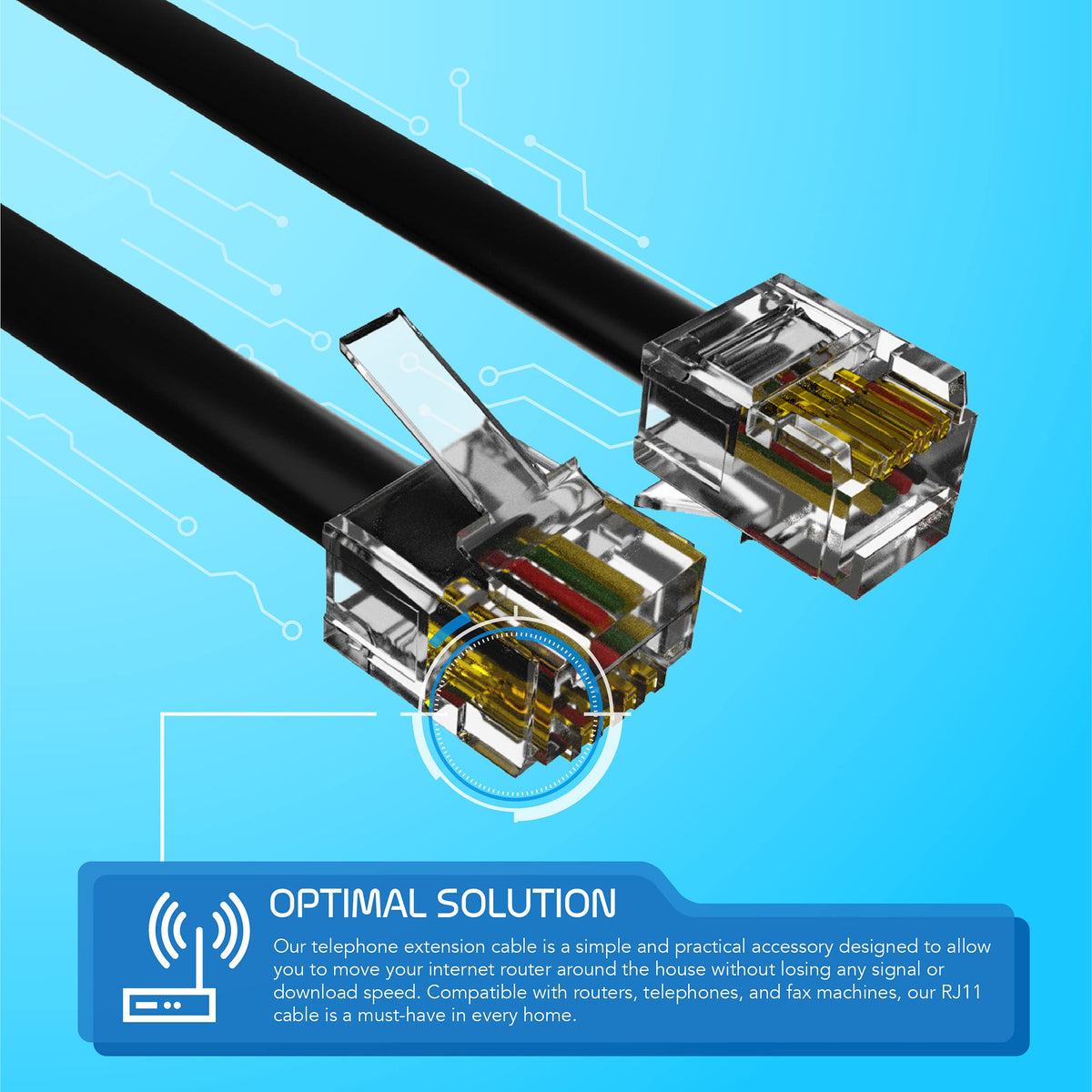 ASNQ High Speed Broadband RJ11 to RJ11 Cable for Landline Telephone, Router, Modem - 3m with OFC Wires and PVC Cover - Internet DSL Cable - Flat, Black