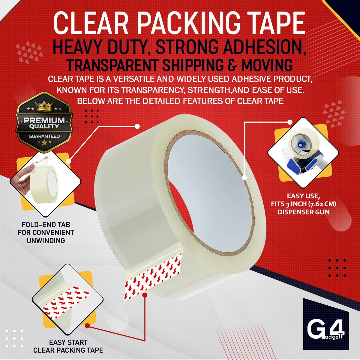 G4GADGET Pack of 3 Clear Packing Tape - Heavy Duty Transparent Tape 48mm x 66m - Ideal for Moving, Packing Boxes, and Secure Packaging