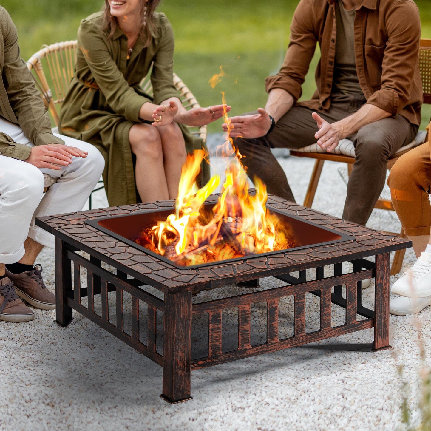 Yaheetech Outdoor Fire Pit 81cm Square Fire pits 3-in-1 Heat-resistant Metal Garden Stove for Barbecue, Heating, Cooling Drinks with Cover & Poker, Black