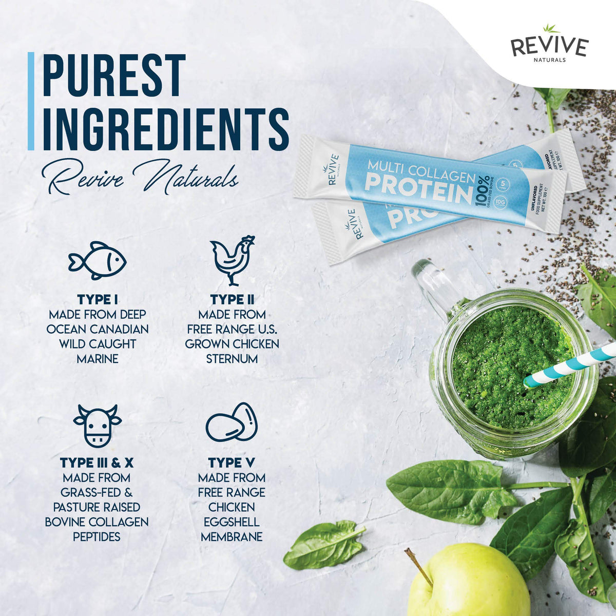 Multi Collagen Protein Powder 400g - Types I, II, III, V & X - Hydrolyzed Grass Fed Bovine, Wild Caught Fish, & Free-Range Chicken & Eggshell Collagen by Revive Naturals