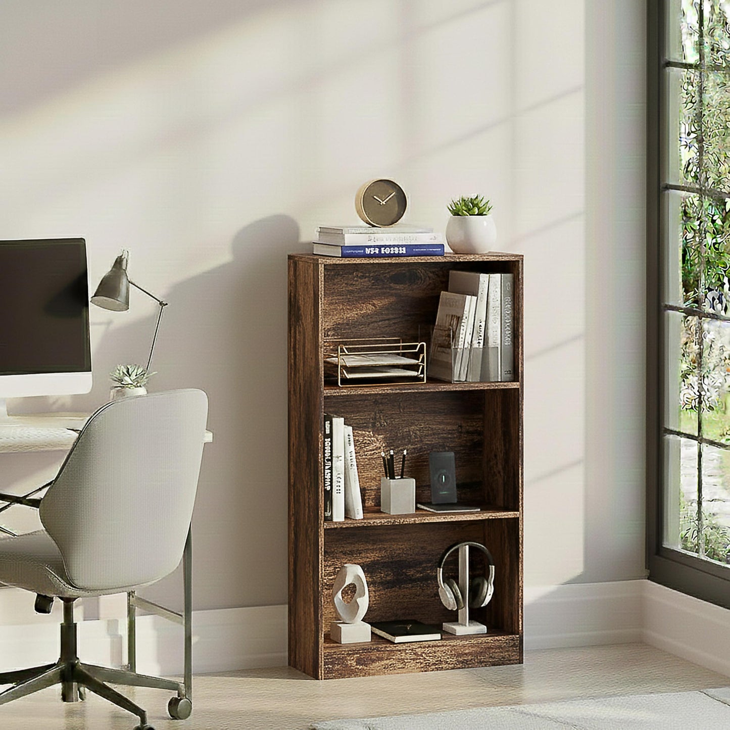Vida Designs Cambridge 3 Tier Low Bookcase, White Wooden Shelving Display Storage Unit Office Living Room Furniture