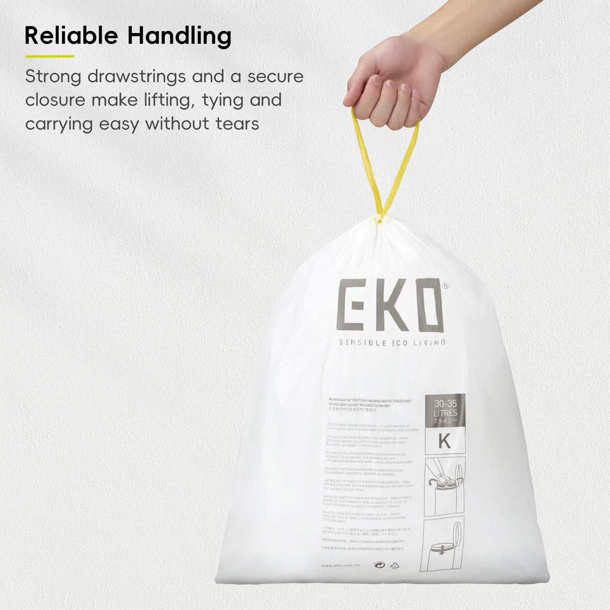EKO Bin Bags, Kitchen Bin Liners, Drawstring, 40-60 Litre, 12 Count, Code F