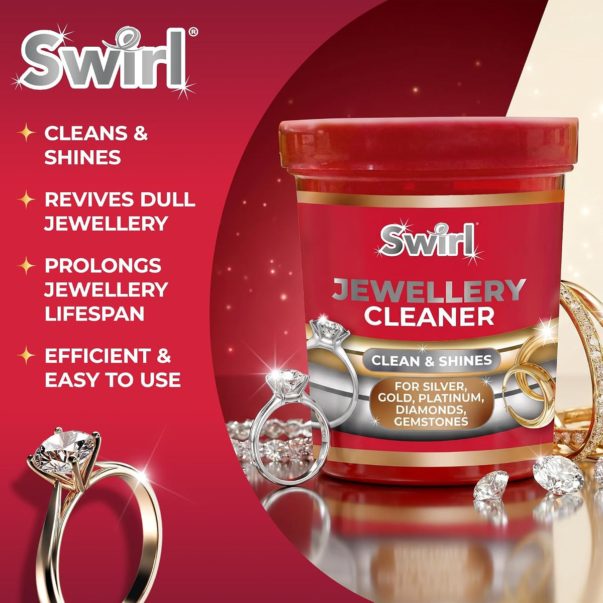 Swirl Liquid Jewellery Cleaner with Basket for Silver, Gold, Platinum, Gemstones & Diamonds | Clean and Shines (145ml)