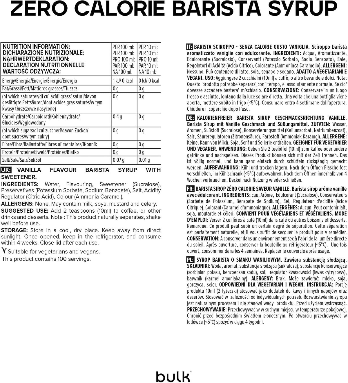 Bulk Zero Calorie Barista Syrup, Vanilla, Coffee, 1 Litre