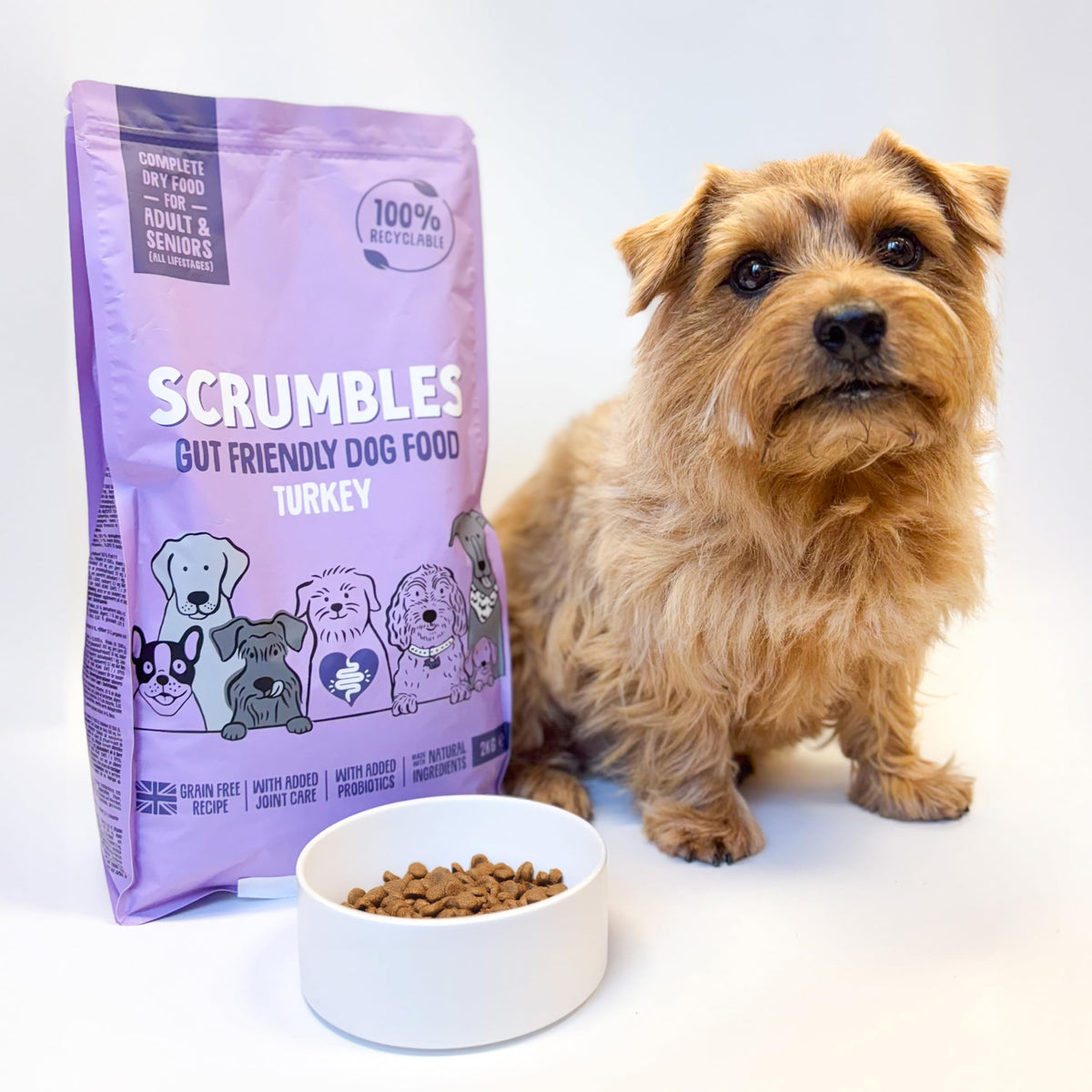 Scrumbles • Dry Dog Food • Hypoallergenic • All Lifestages • Chicken 60% • 2kg Bag • Natural Complete Adult Recipe • Gut Friendly Prebiotics & Probiotics • Gluten Free