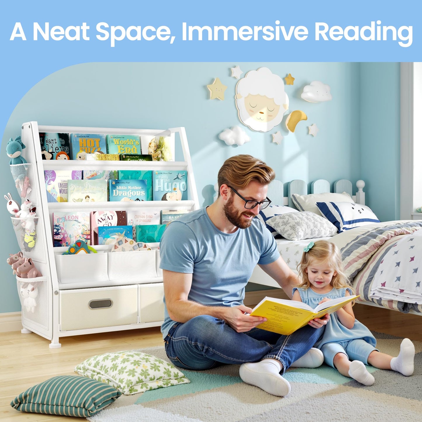 GoTiling Kids Bookshelf and Toy Storage Organizer: 3-Tier Sling Book Shelf with 3 Side Pockets for Kids Room - Toy Storage Organizer with 2 Fabric Drawers for Nursery, Bedroom, Playroom