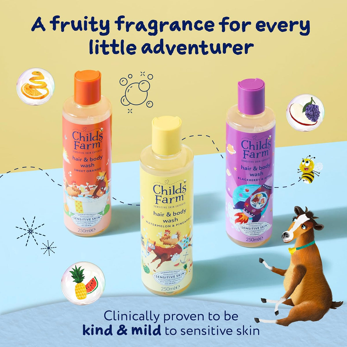 Childs Farm Hair & Body Wash Bundle | Sweet Orange (250ml), Blackberry & Apple (250ml) and Watermelon & Pineapple (250ml) | Suitable for Newborns, Kids & Adults with Sensitive, Dry & Eczema-Prone Skin