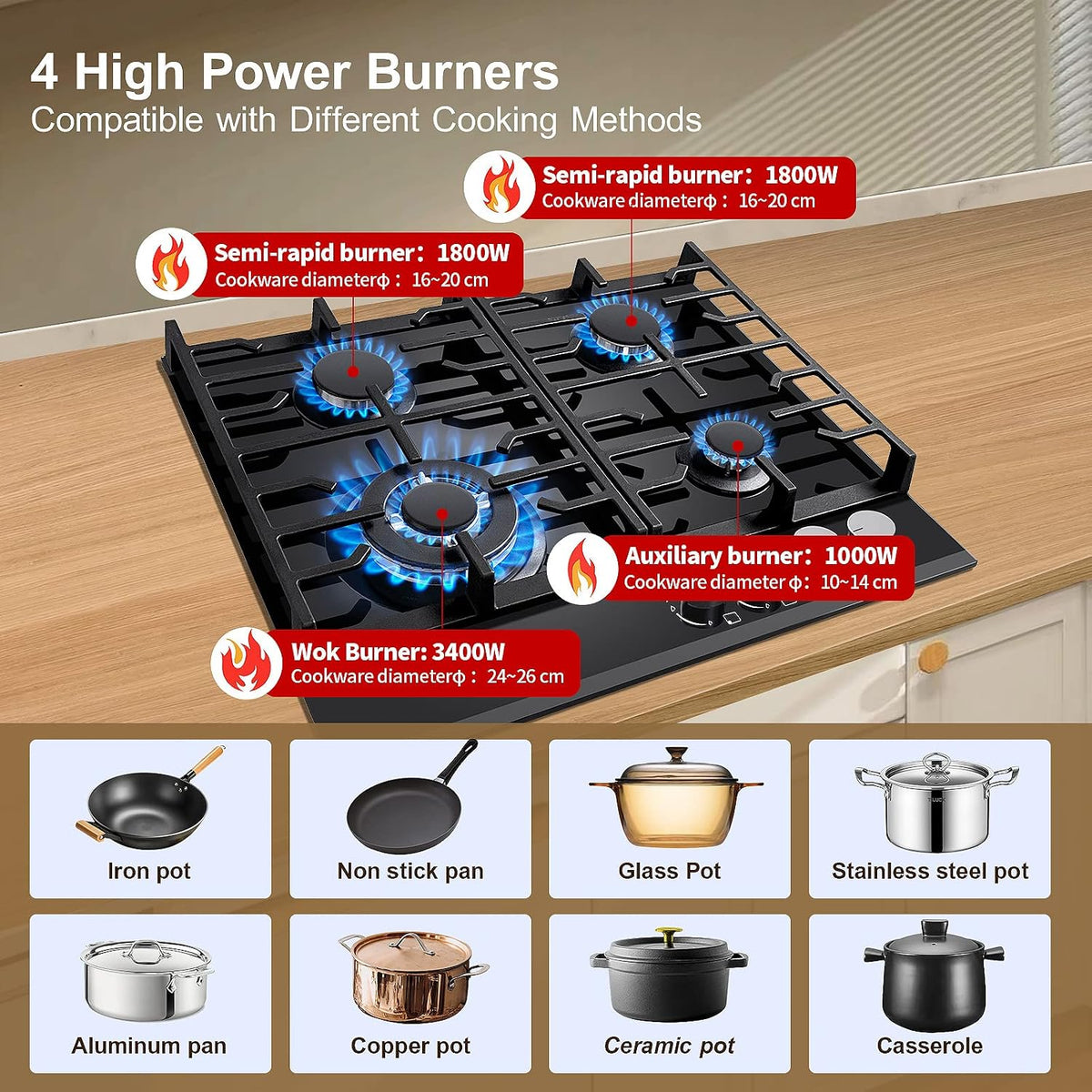 TopStrong Gas Hob 4 Burners, 60cm Black Glass Built-in Cooktop with 8060W Wok Burner & Thermocouple Protection, Natural Gas & LPG Compatible